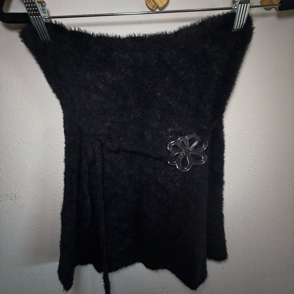 Black Fuzzy Skirt with Flower Accent